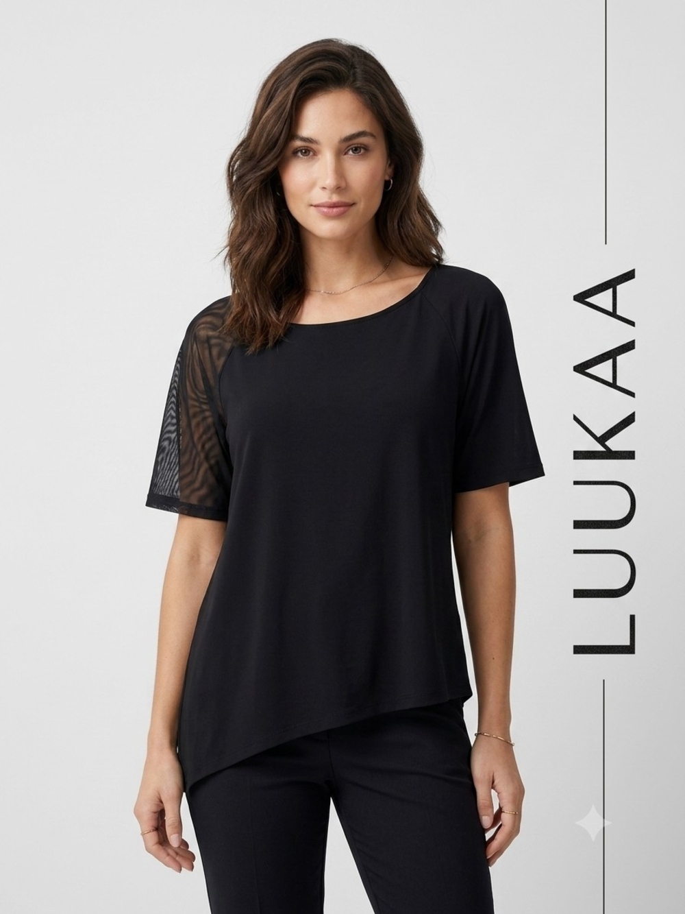 Luukaa Black Short-Sleeve Top with Sheer Mesh Accent Ptp 21"